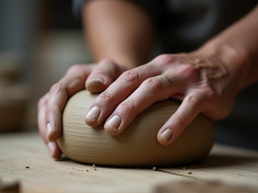 陶芸家が粘土を丁寧に土練りしている手元のクローズアップ写真。