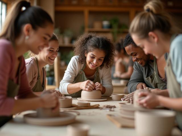陶芸教室でろくろを回しながら笑顔で作品を作る生徒たち。温かい光が差し込む工房
